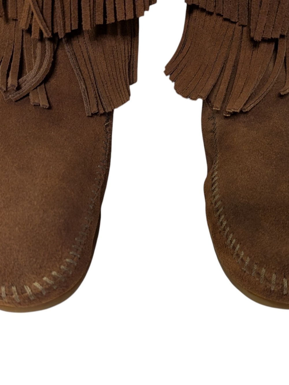 Minnetonka Brown Suede Knee-High 5 Layer Fringe Moccasin Boots - Picture 6 of 13
